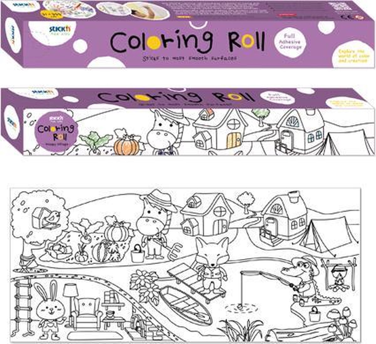 Tekenrol Stickn 31 x 355cm, wit, blij dorp, achterzijde volledig voorzien van zelfklevende non-permanente lijm